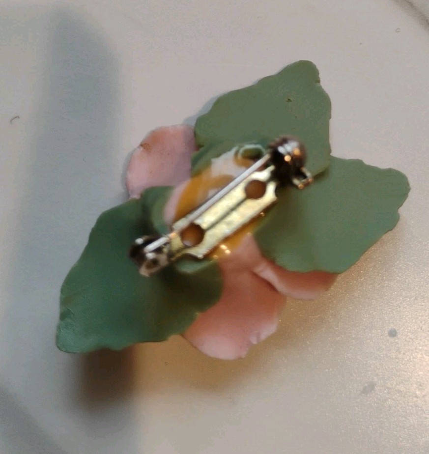 Vintage Ceramic Hand Made Pink Rose Brooch Pin