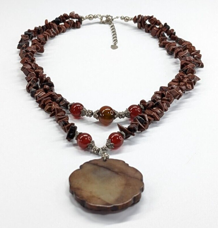 Chinese Carved Dragon Pendant Red Jasper & Carnelian Multi Strand Necklace 20″