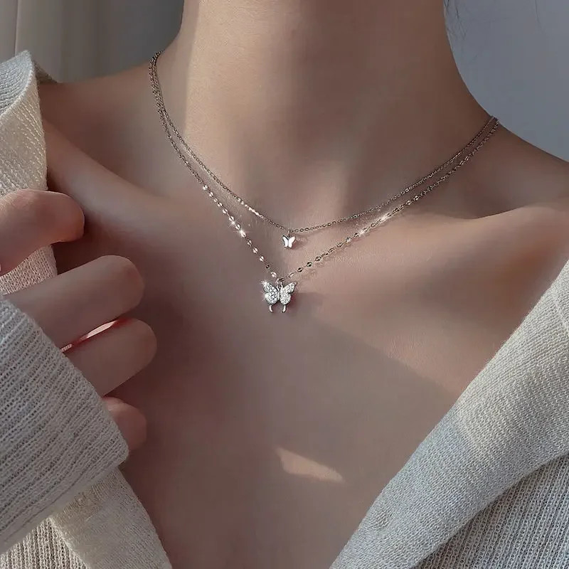 New Shiny Silver Colour Butterfly Necklace Ladies Exquisite Double Layer Clavicl