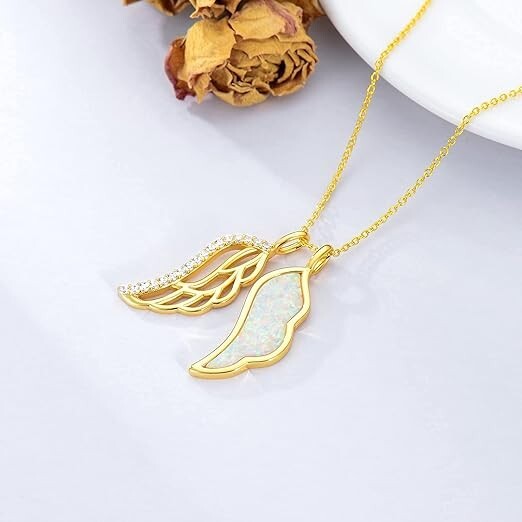 Opal Necklace Angel Wings Pendant Necklace Sterling Silver Jewelry Gifts
