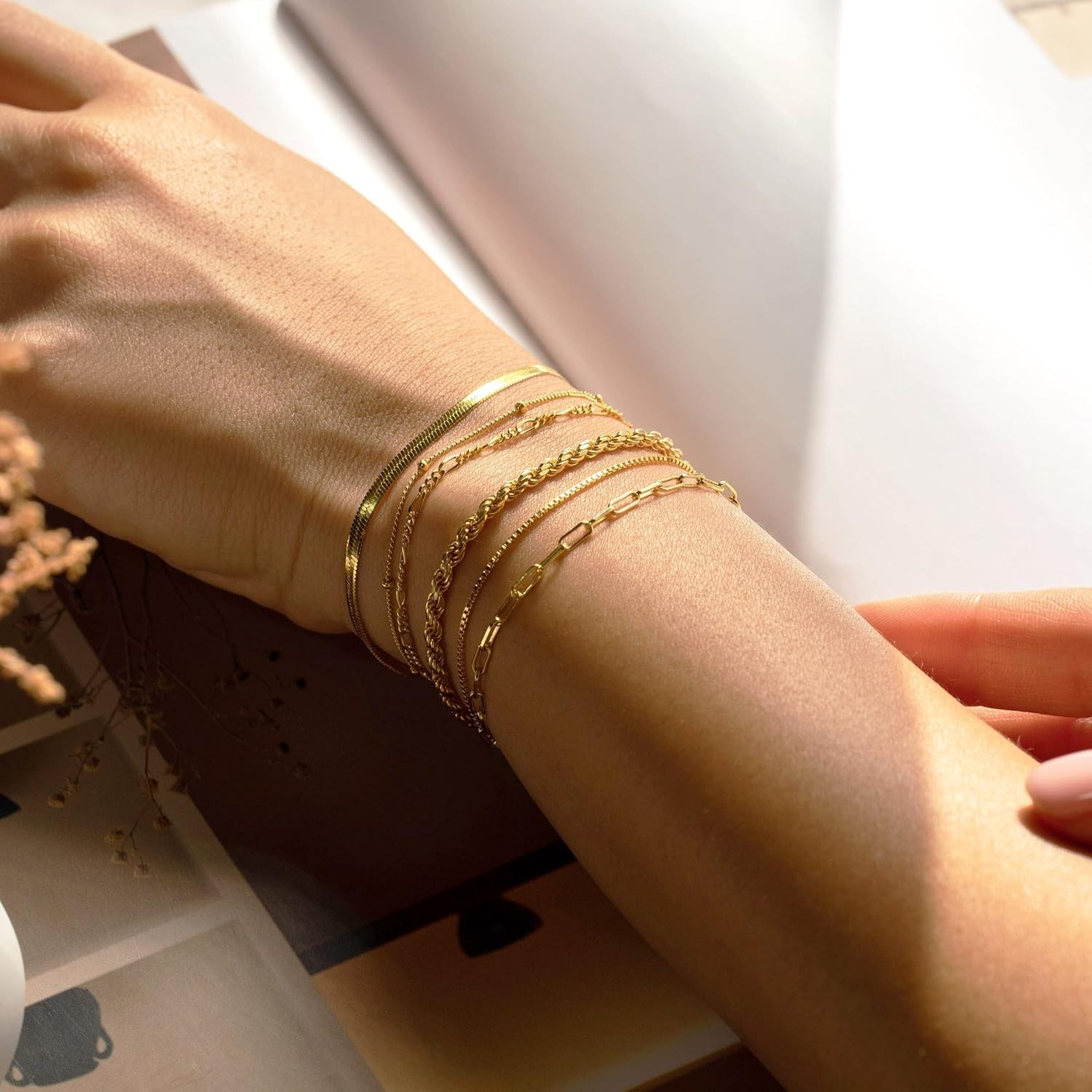 14K Gold Filled Bracelets Jewelry Women Paperclip Box Herringbone Figaro Rope