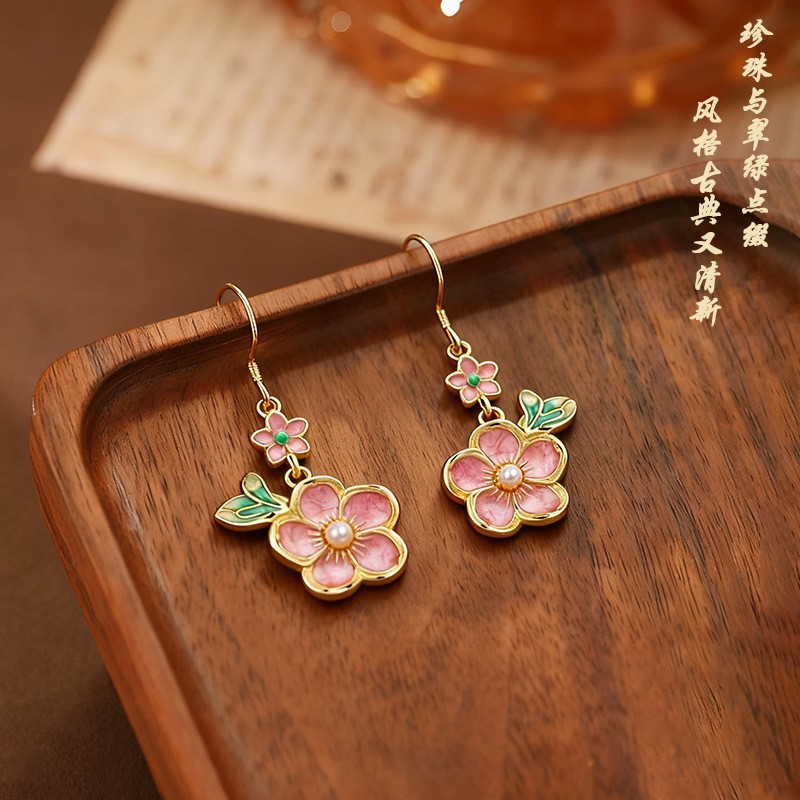 Pearl Enamel Dangle Earrings Boho Pink Flower Dainty Gemstone 18K Gold Plated