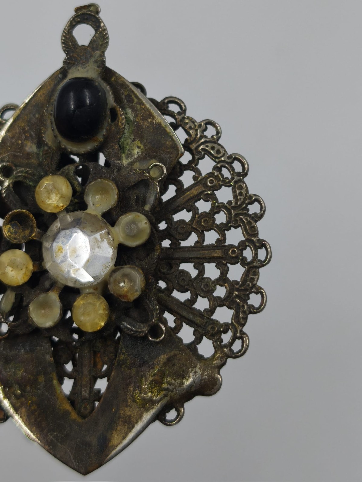 Vintage Brass Filigree Brooch with Rhinestone & Black Cabochon