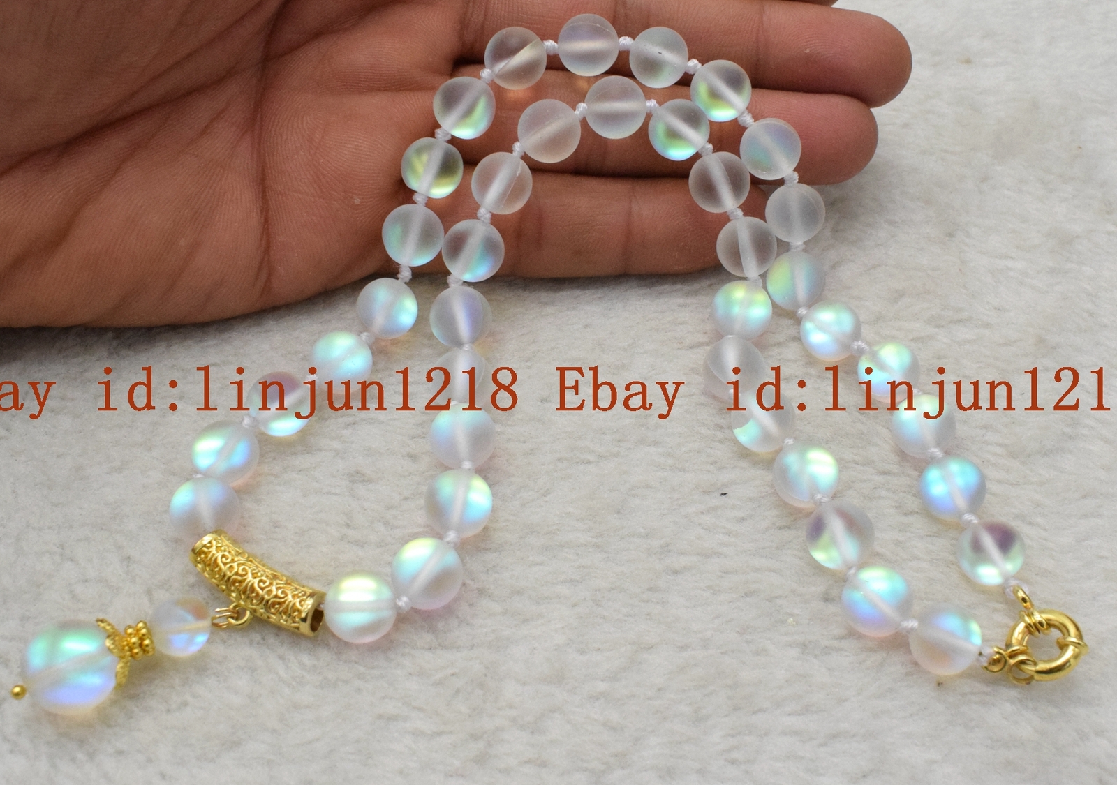 Fashion 10mm White Gleamy Rainbow Moonstone Round Gemstone Pendant Necklace 18”