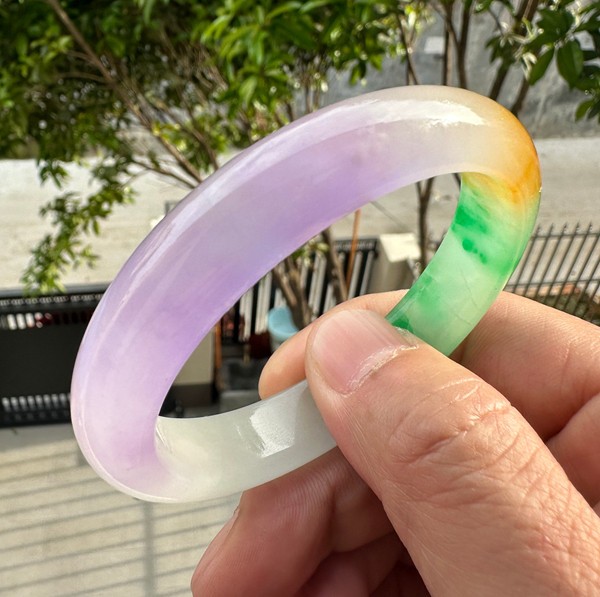 Natural Grade A Jadeite Bangle Tri-Color Green Lavender Yellow Burmese Jade 57mm