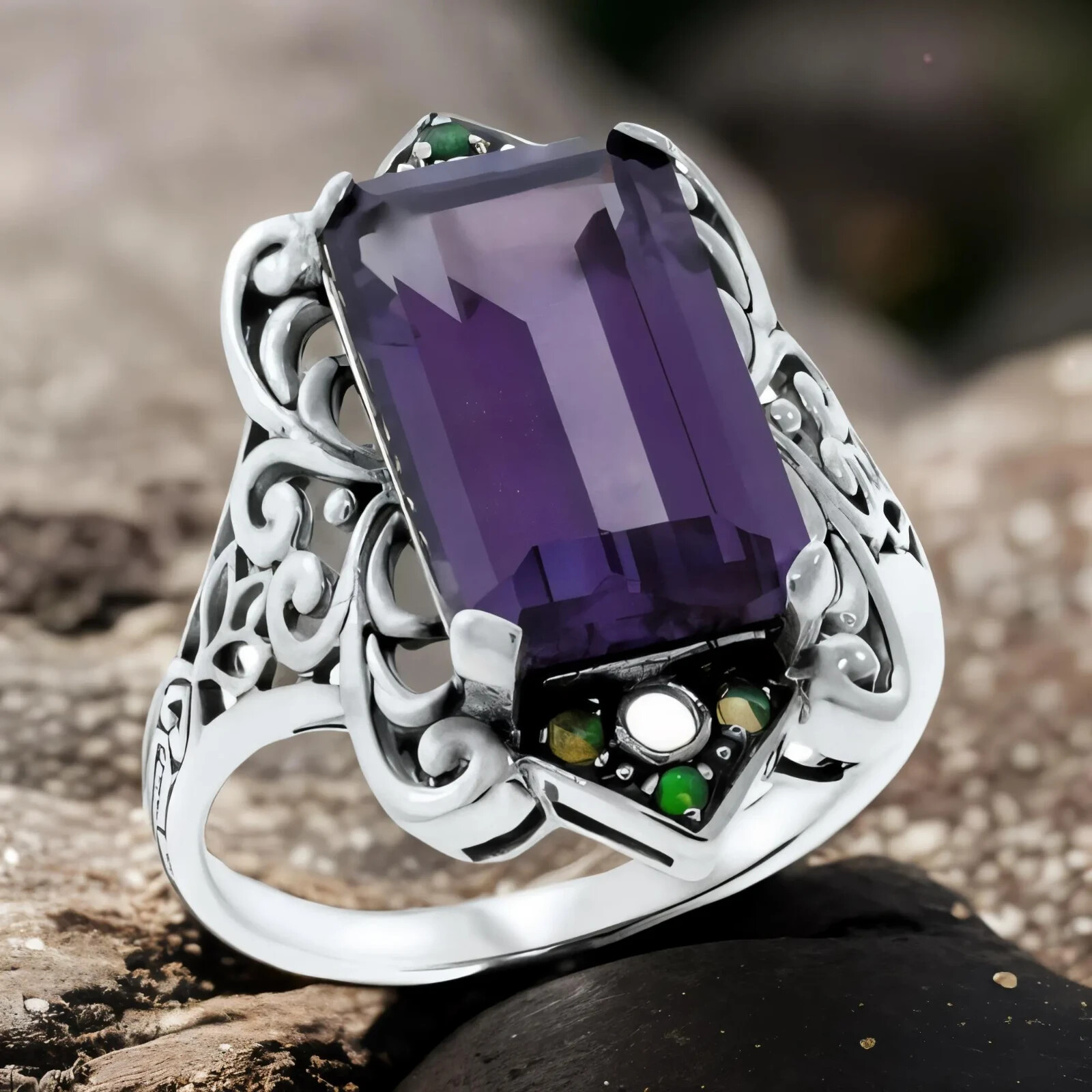 ANTIQUE STYLE 925 STERLING SILVER COLOR CHANGING SIMULATED ALEXANDRITE RING #501