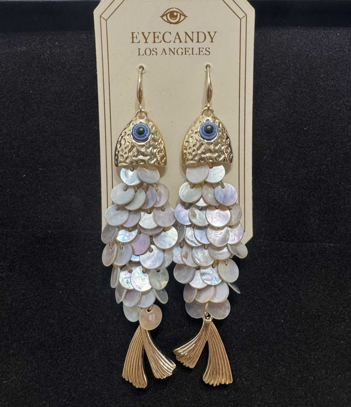 EYECANDY Los Angeles Gold Tone Dangle Fish Earrings with Shell Detail- Brand New