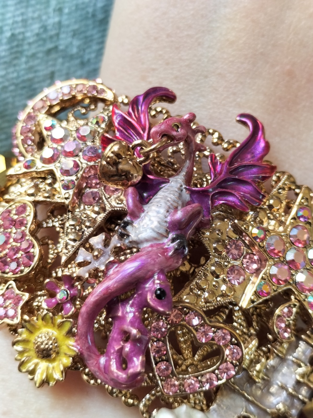 Kirks Folly Bracelet, Dragon & Castle Gold Stretchy Bead Bracelet Fairytale