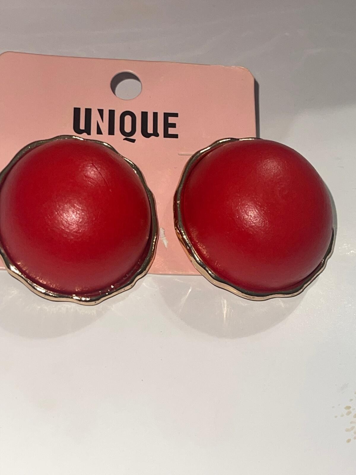 Oversized Round Gold Metal Studs Featuring Domed Red Wood Detail
