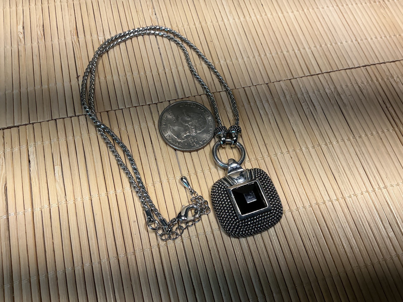 Fashion Necklace Silver Tone Black Acrylic Textured Metal Pendant Lot 103D