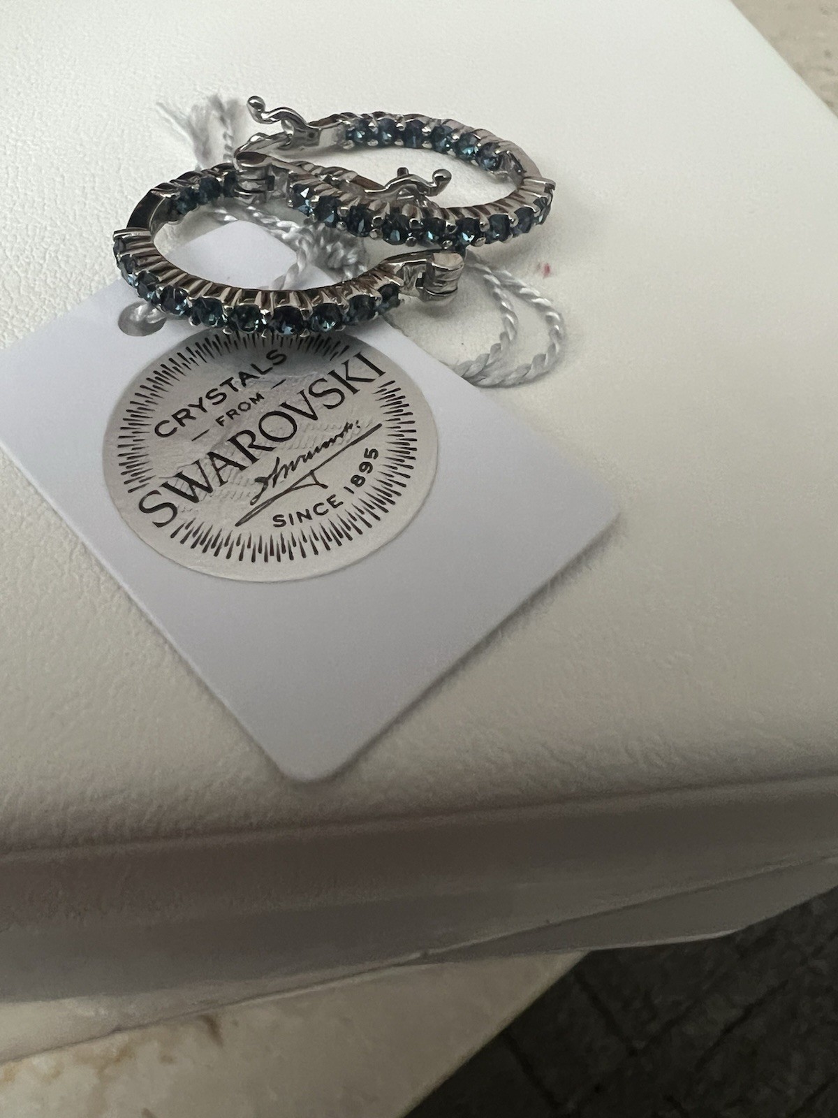 Stainless Steel And Swarovski Montana Blue Crystal Hoops NWT Everyday Wear
