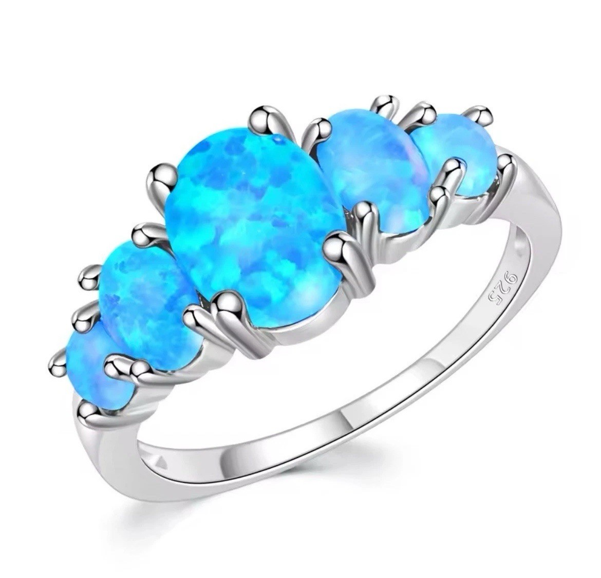 Gorgeous Ocean Blue Fire Opal Cross Necklace, Earrings, Five-Stone Ring 10 Set