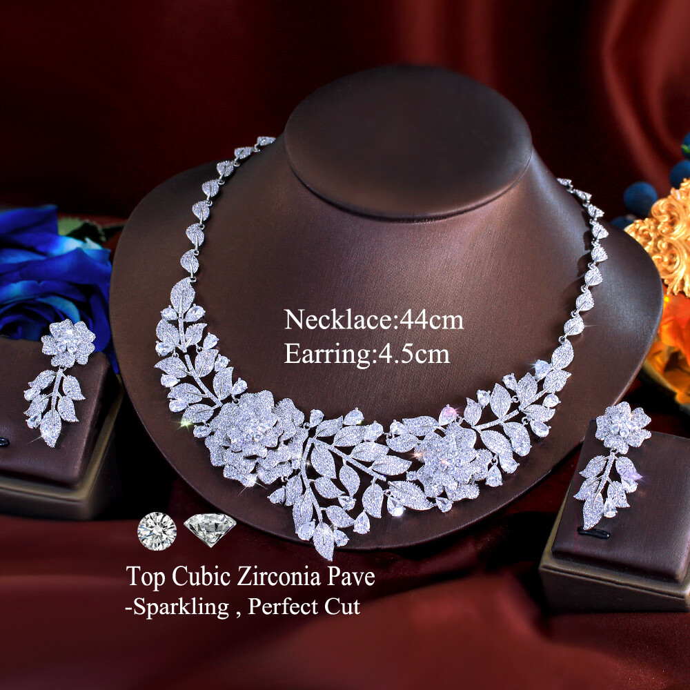 Silver Plated Wedding Brides Necklace Earrings Cubic Zirconia Flower Jewelry Set