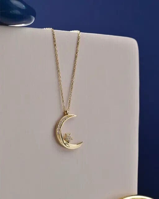 Round Cut Simulated Diamond 14k Yellow Gold Plated Stunning Moon/Star Pendant