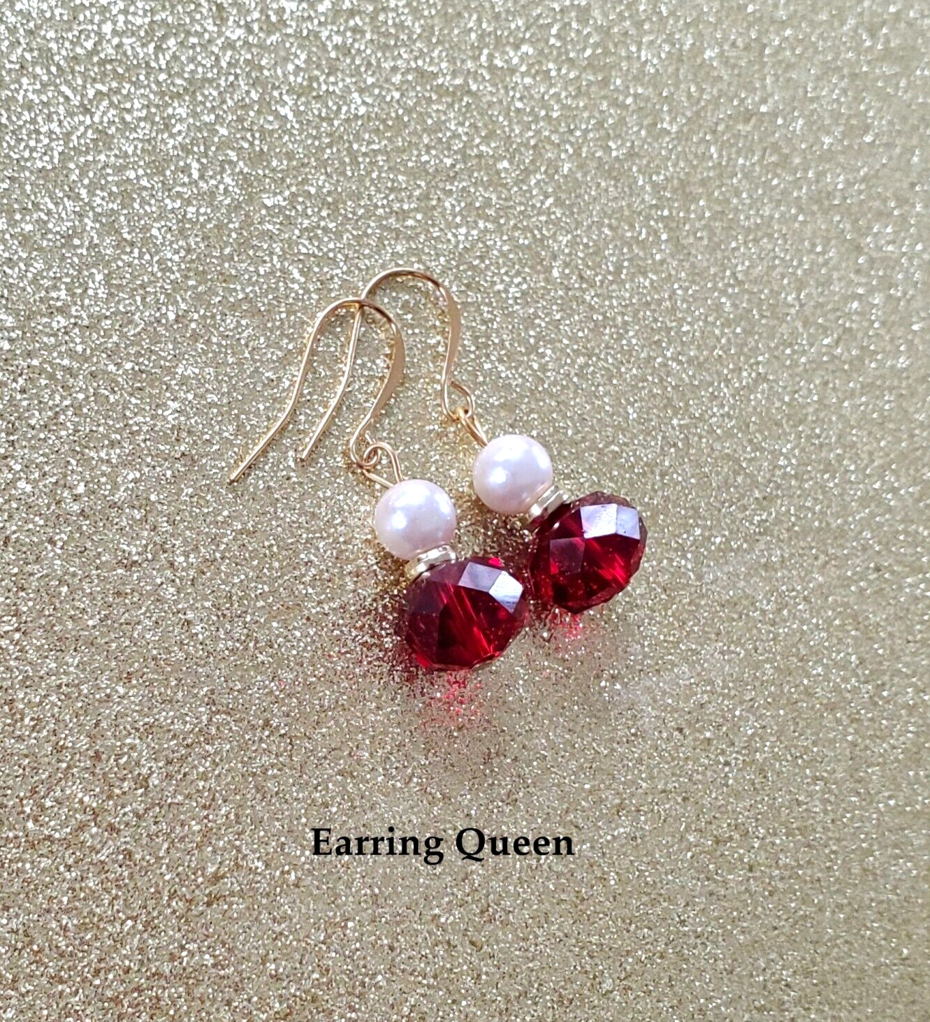 Pearl & Red Crystal Dangle Earrings Anniversary Wedding Birthday Gift for Women