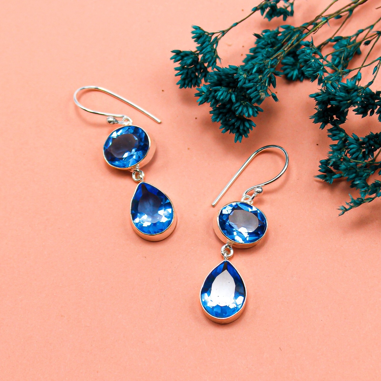 Swiss Blue Topaz Jewelry Sterling Silver Gift For Mum Drop/Dangle Earrings 1.88″