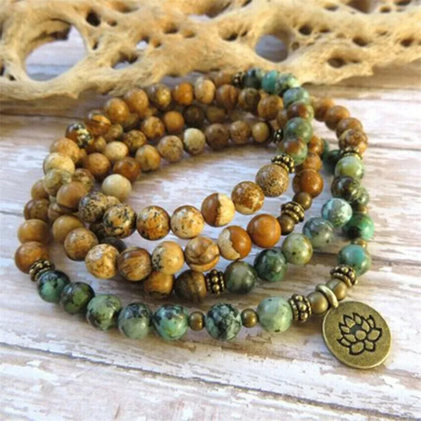 African Turquoise 108 Mala Beads Prayer Meditation Necklace Wrap Bracelet Gift