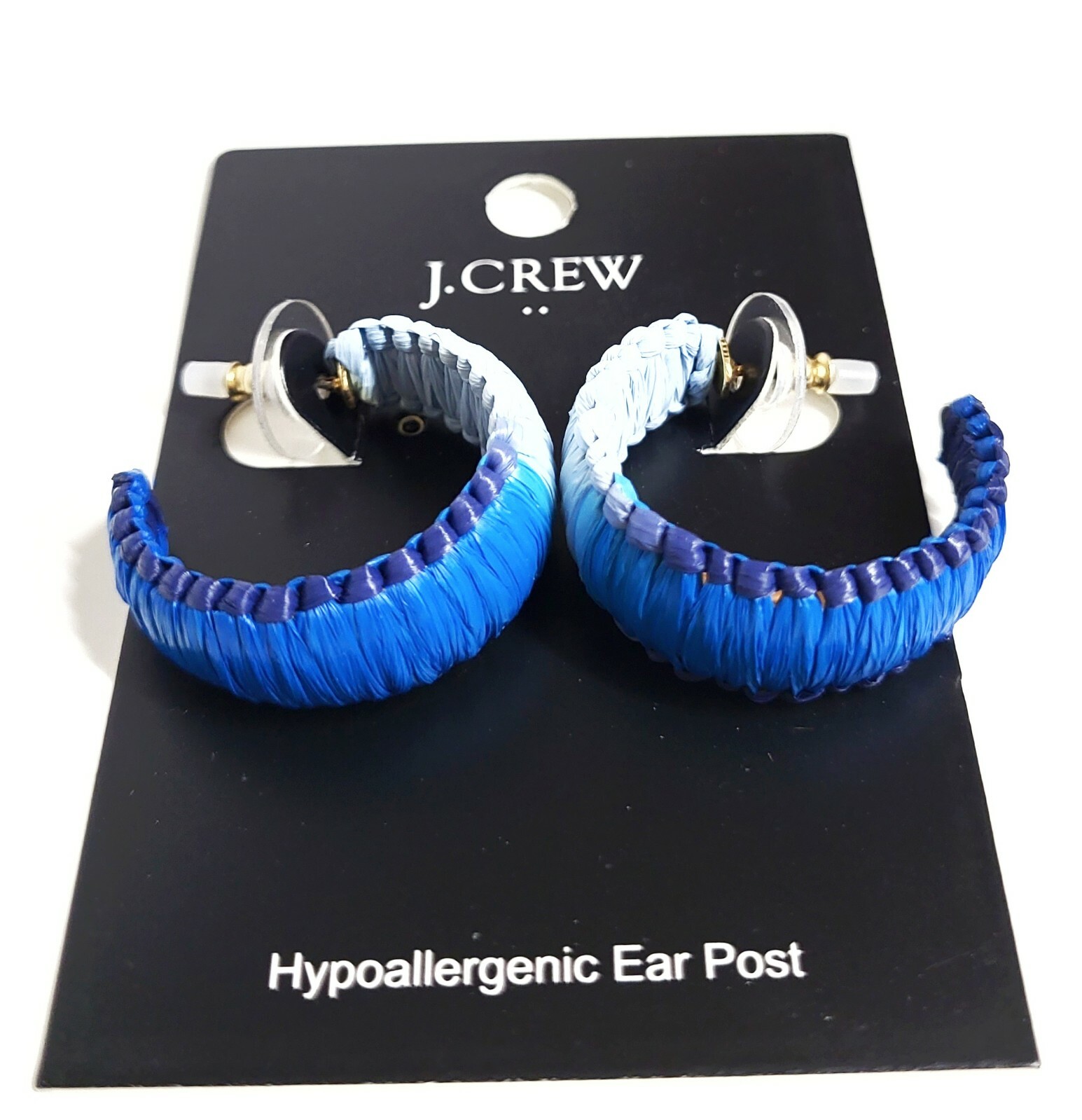 J.Crew Factory Raffia Wrapped Hoop Earrings Blue Ombre Multi Hypoallergenic NWT
