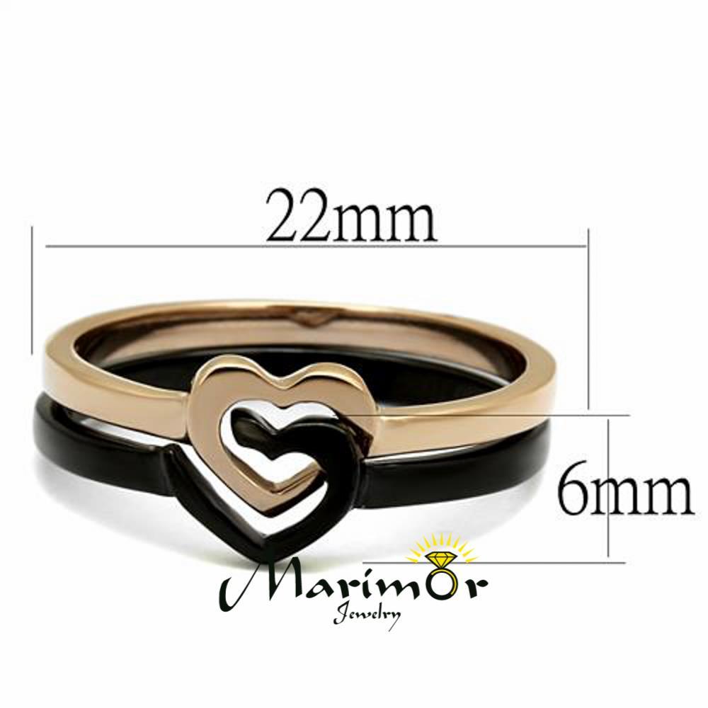Stainless Steel Black & Rose Gold Ion Plated 2 Piece Heart Fashion Ring Sz 5-10