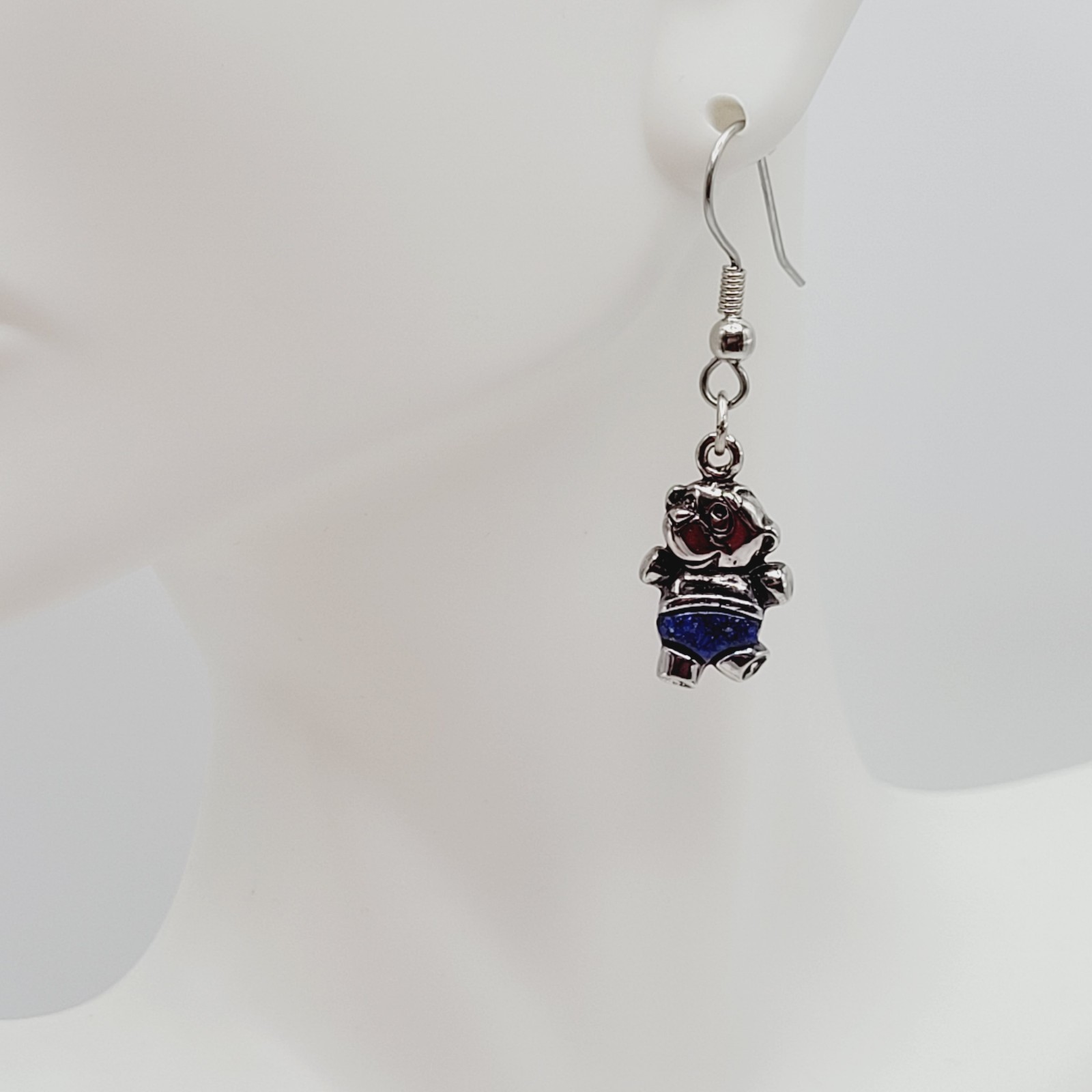 SW Waldeck Johnson Teddy Bear Lapis Lazuli Silver Tone Pierced Hook Earrings