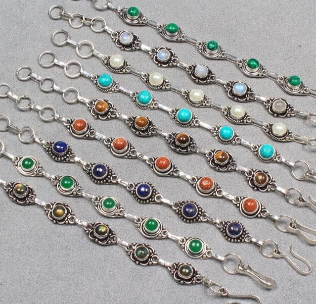 Red Sunstone & Mix Gemstone 925 Sterling Silver Plated 50 PCs Design Bracelets