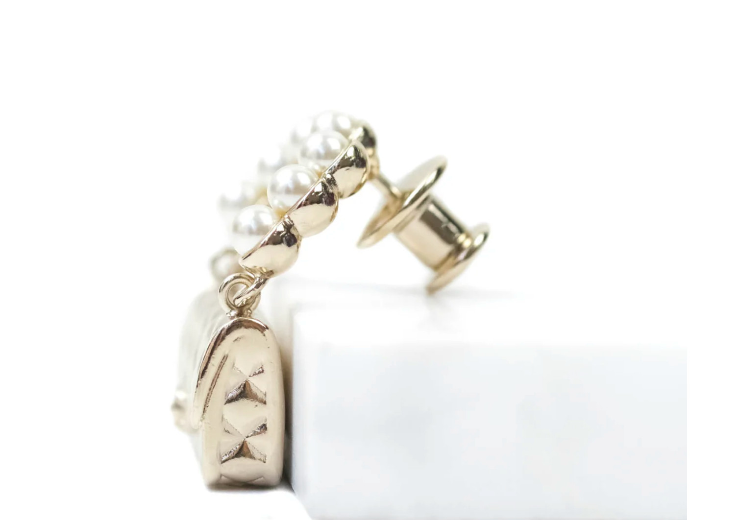 CHANEL Brooch Pin Badge CC Matelasse Bag Motif Faux Pearl