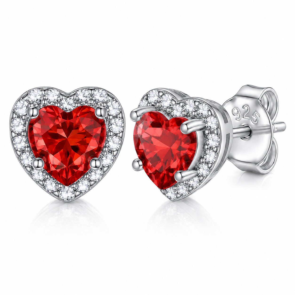 Heart Red Simulated Ruby Halo Stud Earrings 925 Silver White Gold Plated
