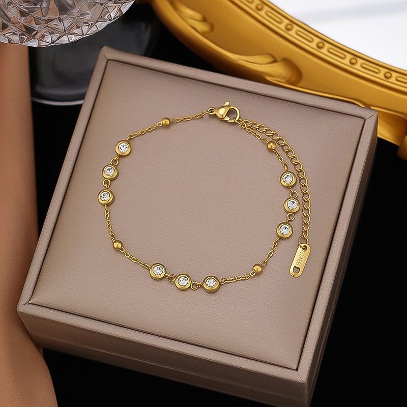 SET Woman 18K Gold Plated Beaded CZ Charm Necklace Bracelet