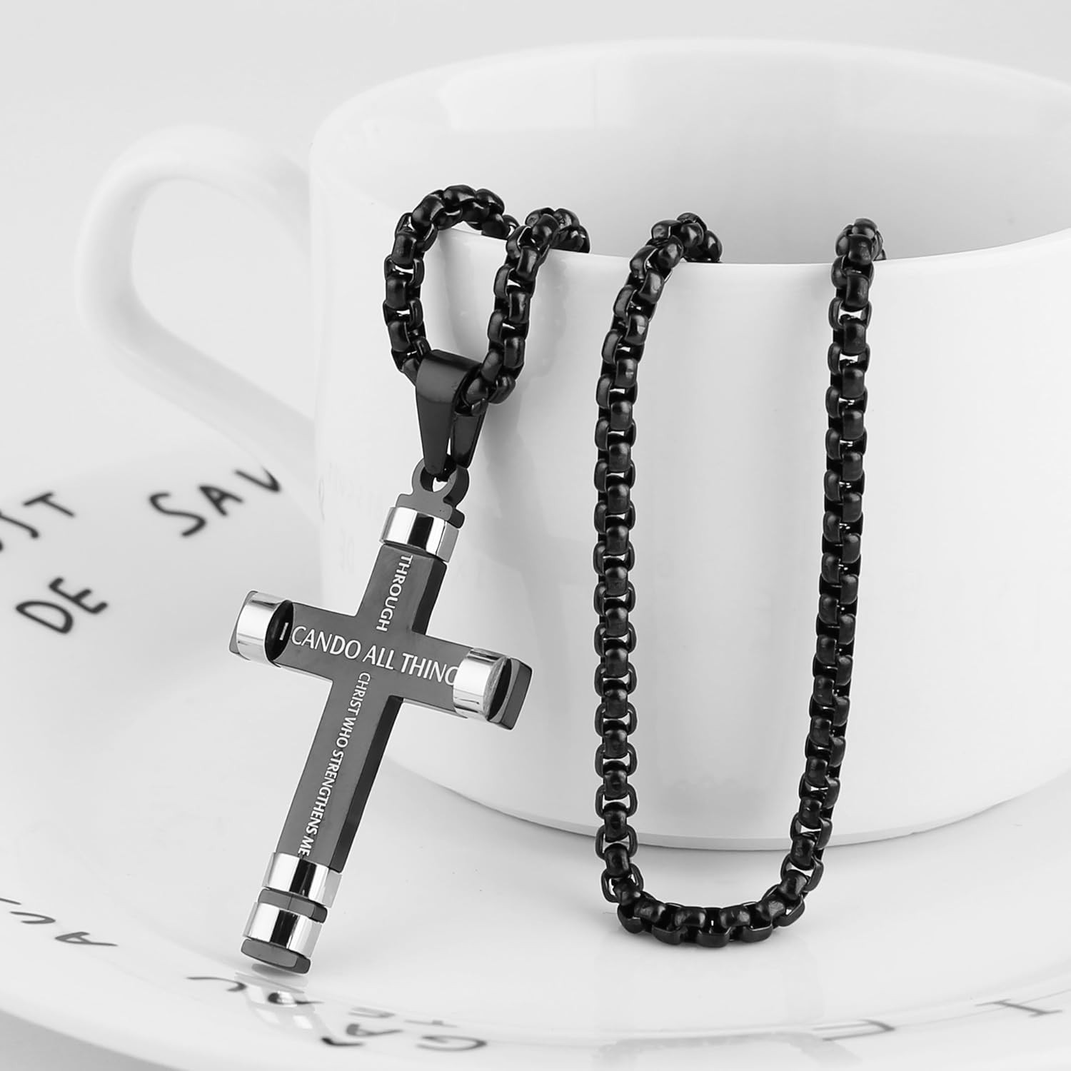 Cross Pendant Philippians 4:13 STRENGTH Bible Verse Stainless Steel Necklace 3 C