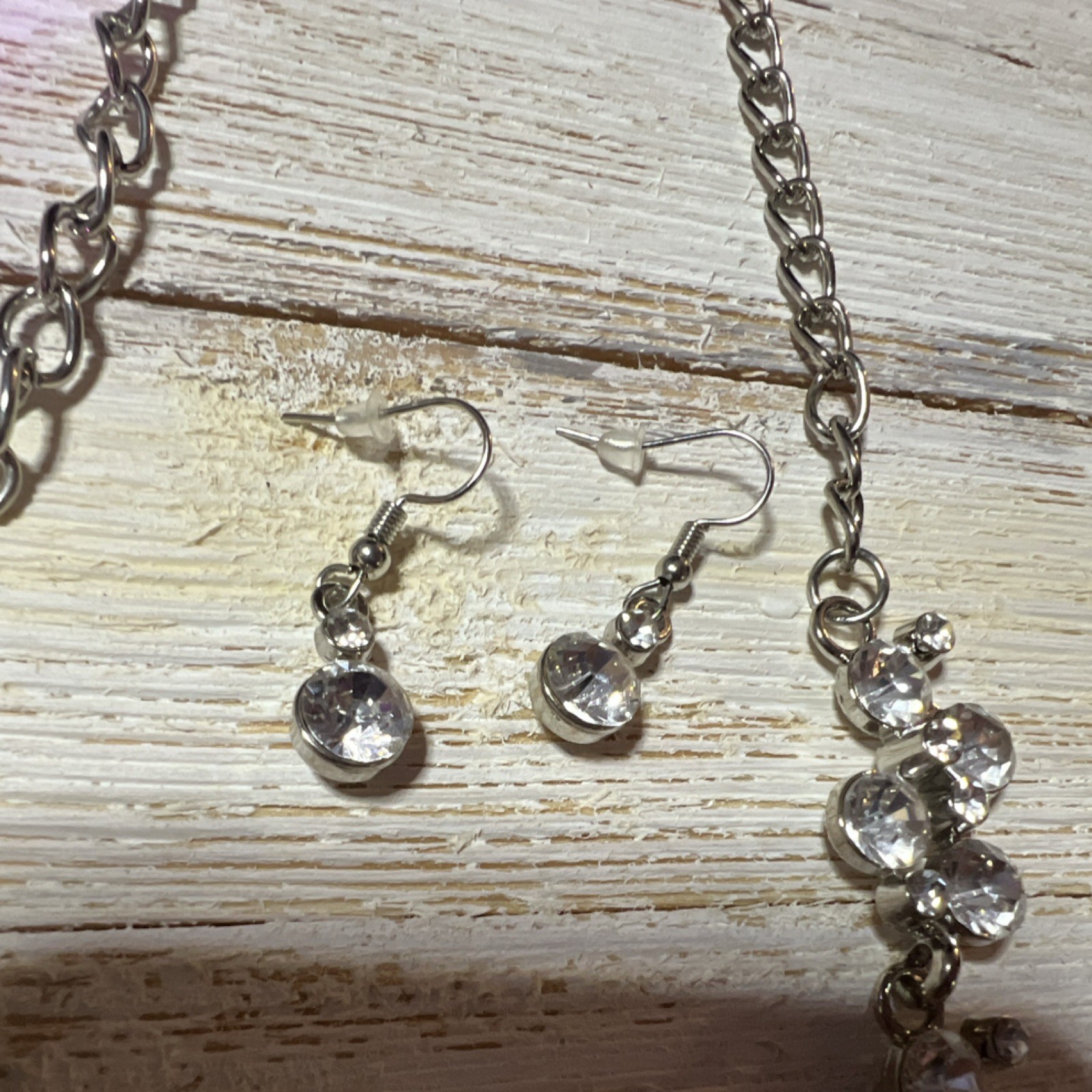 Silver Tone Clear Round Crystal Rhinestone Necklace & Dangle Earrings Set