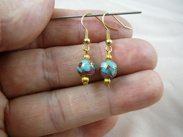 (EE600-84) 8 mm PINK blue flower CLOISONNE bead dangle EARRINGS Jewelry