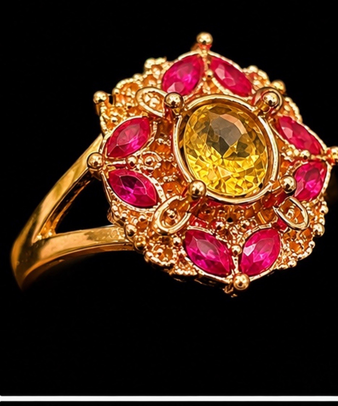 Gold-Tone Cocktail Ring Size 11 Oval Yellow Stone Pink Marquise Halo Prong