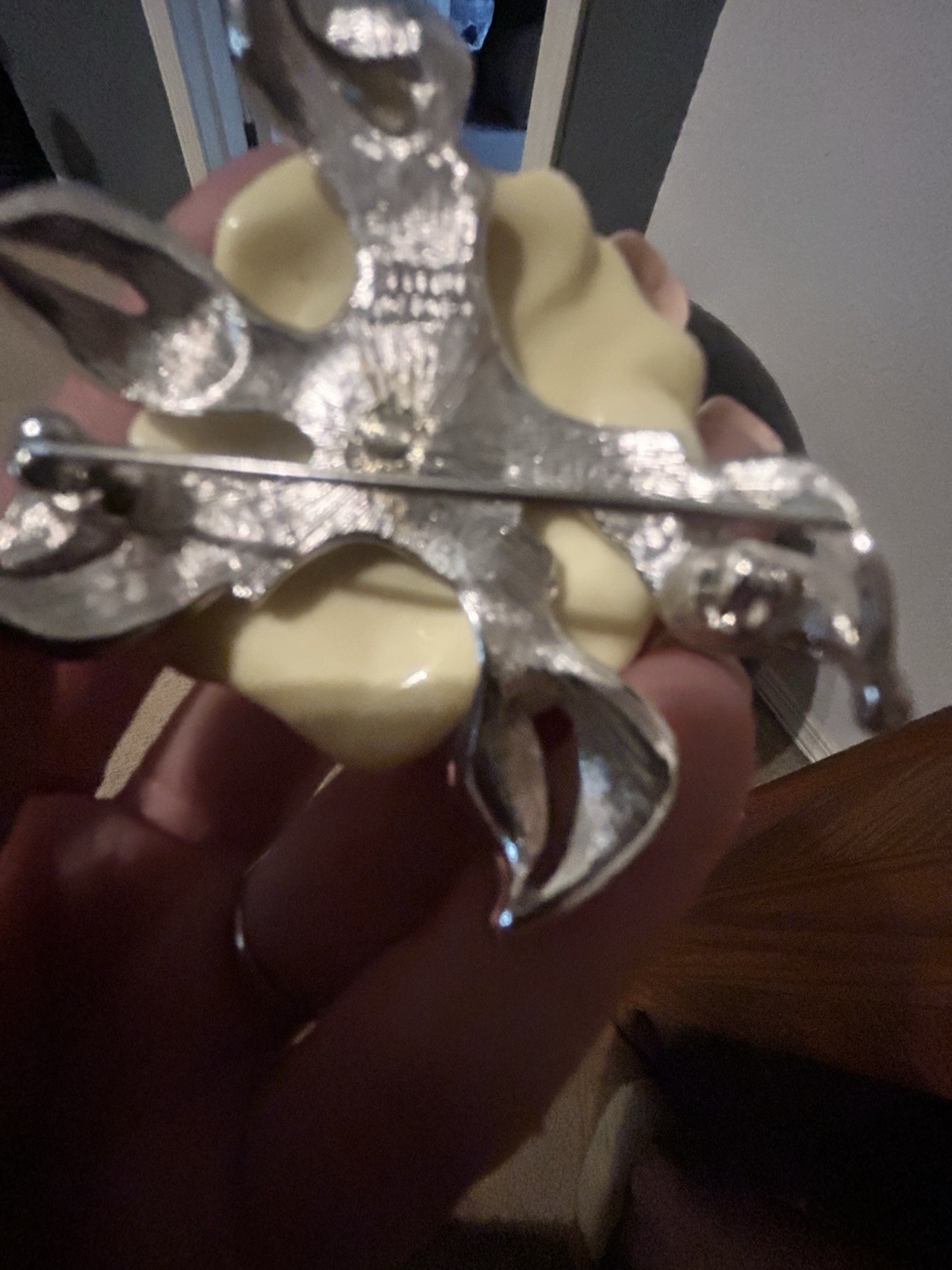 Nolan Miller Vintage Signed Flower Brooch Pin Cream Silver Clear Rhinestones