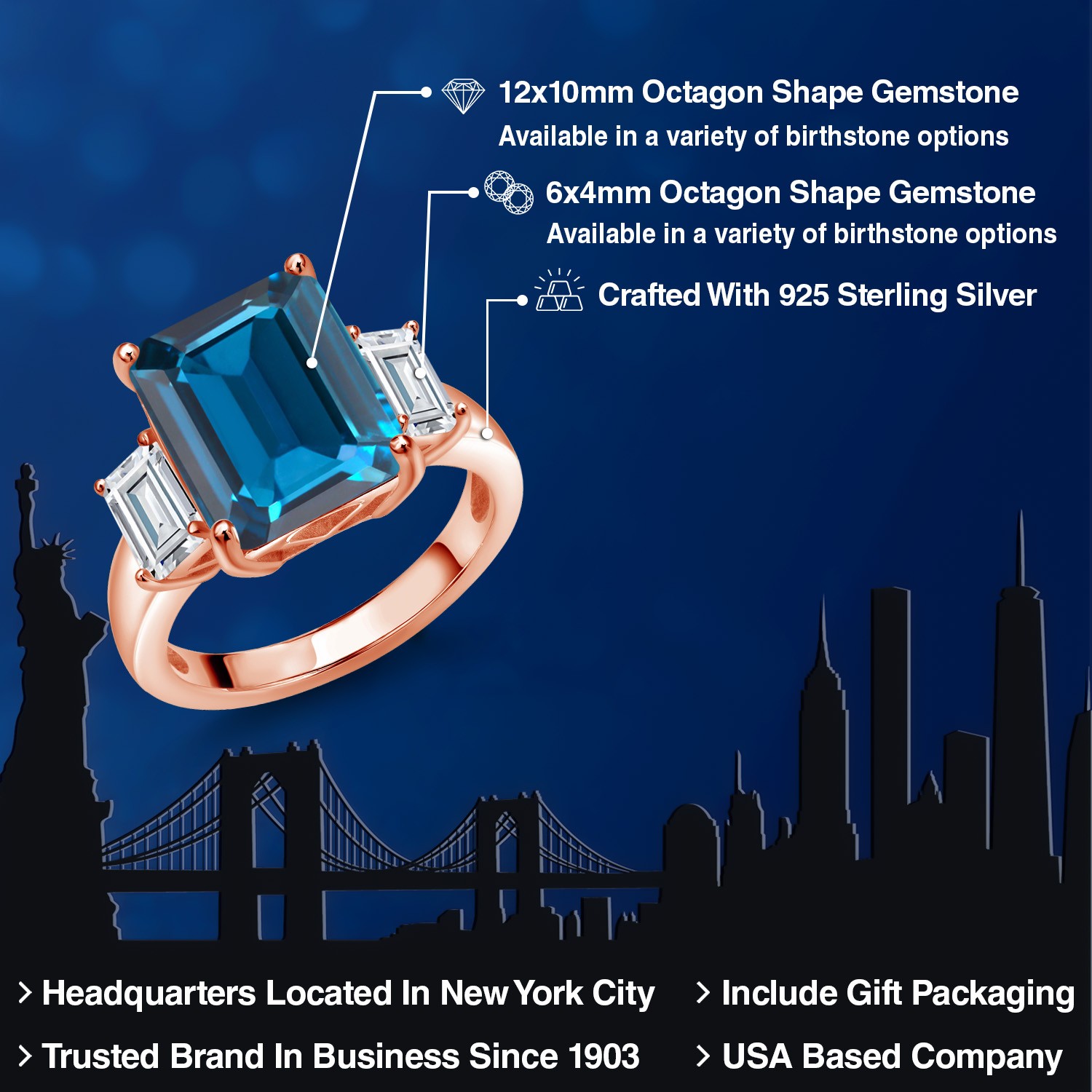 18K Rose Gold Plated Silver 3-Stone Ring Topaz Moissanite (8.64 Cttw)