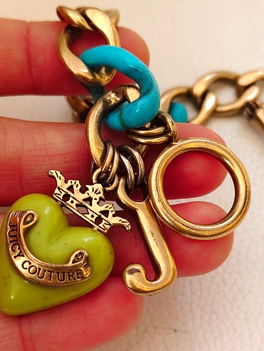 Vintage Juicy Couture Gold Tone Toggle Bracelet Turquoise Resin Links Green Hear
