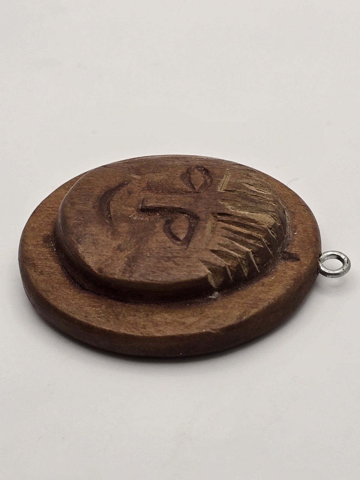 Vintage Handmade Folk Art Carved Wood Relief Wooden Moon Face Necklace Pendant