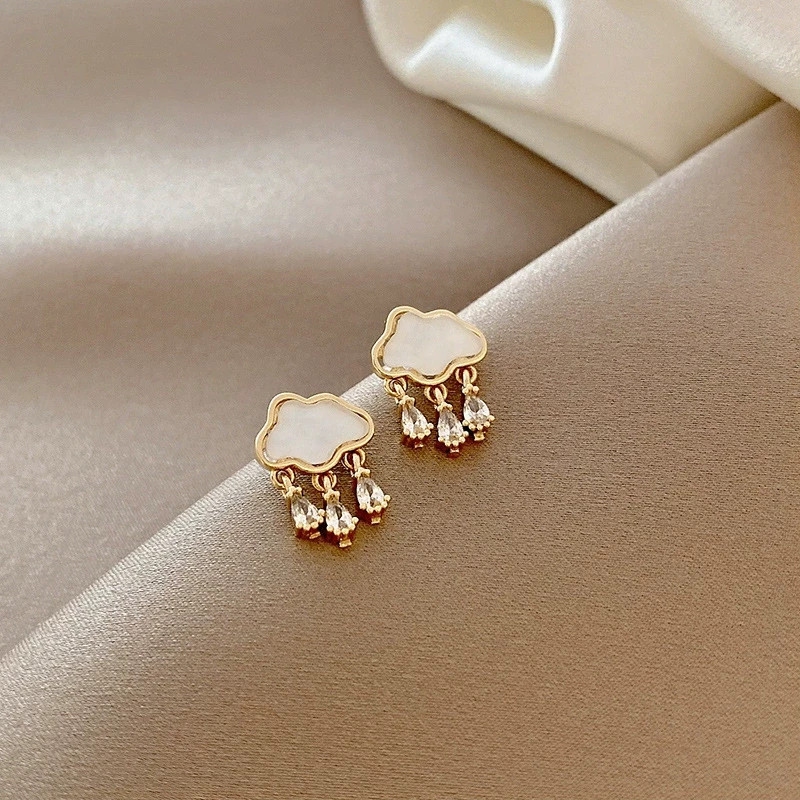 Pretty White Cloud Triple Raindrop CZ Hanging Gold Plated Stud Earrings