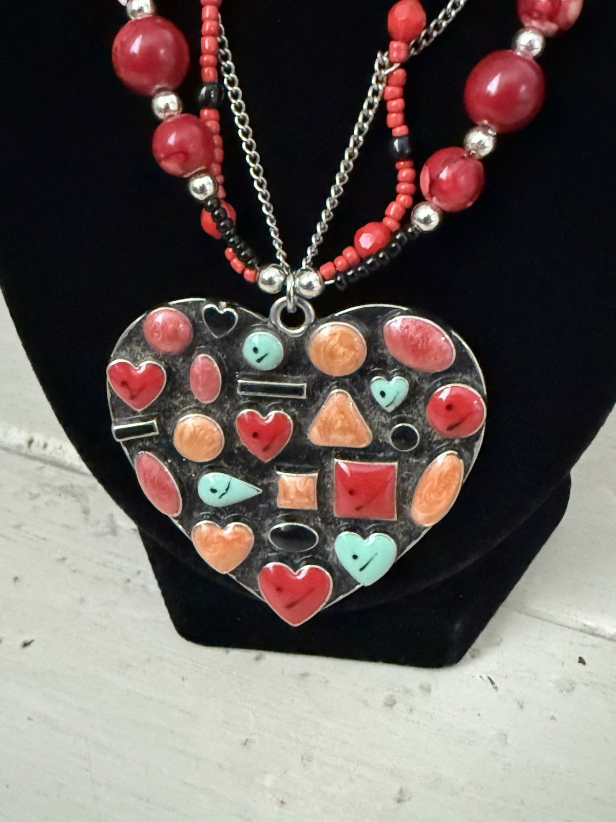 Heart Pendant Beaded Necklace & Heart Slave Bracelet Ring Set Boho Statement