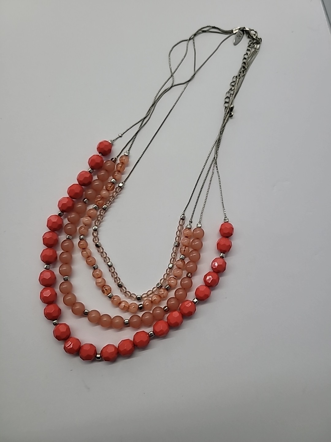 Multi Strand Coral Peach Beaded Statement Necklace Layered Fashion Jewelry