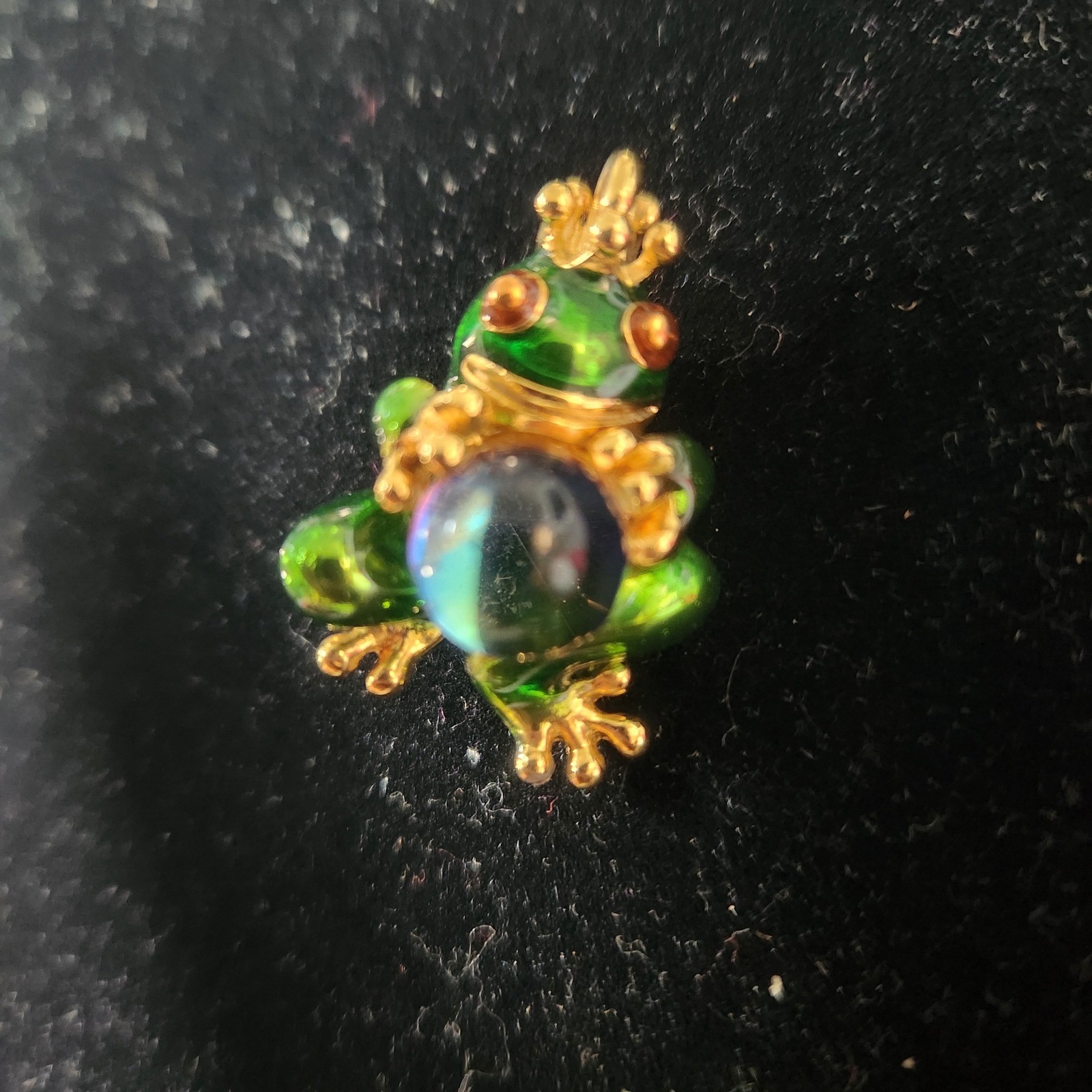 Green Enamel Frog Prince Pendant Gold Tone Iridescent Orb Charm Fairytale