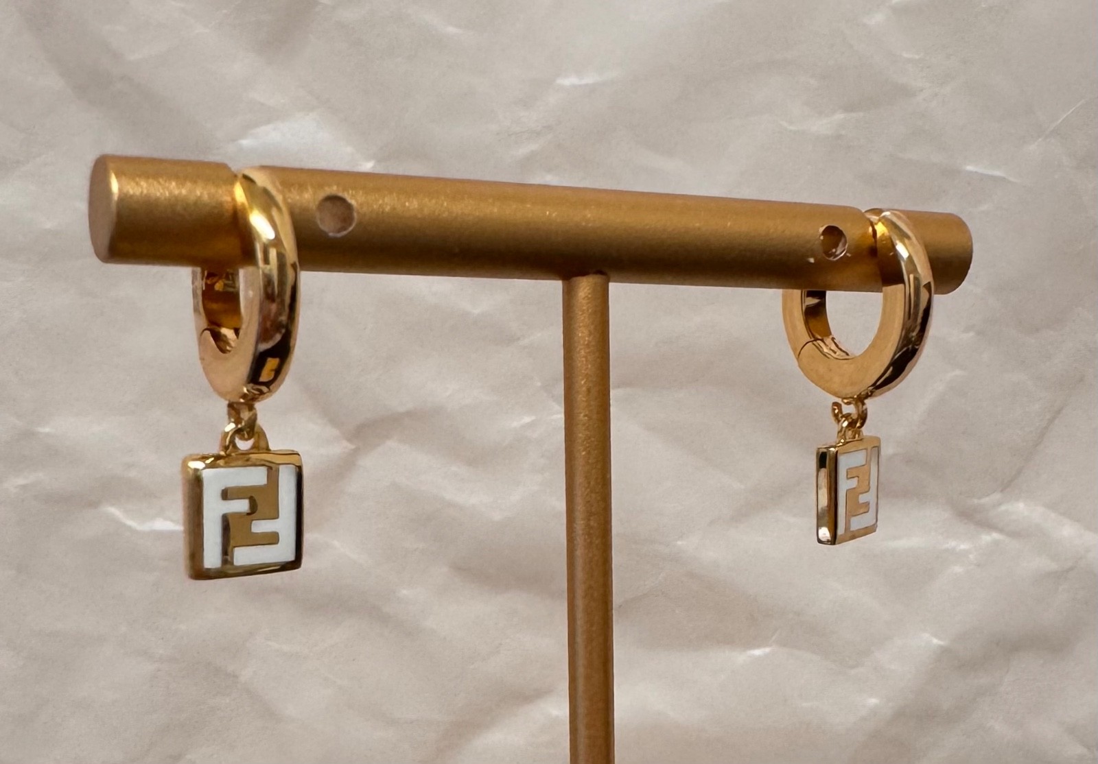 Fendi Gold Tone FF Logo Mini Hoop Earrings Charm Drop # 581