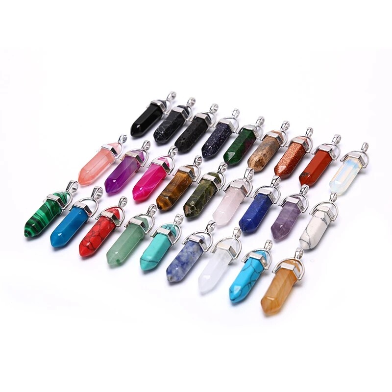 Wholesale 30pcs Natural Mixed Stone Pendants Hexagonal Pillar Pendulum Necklaces