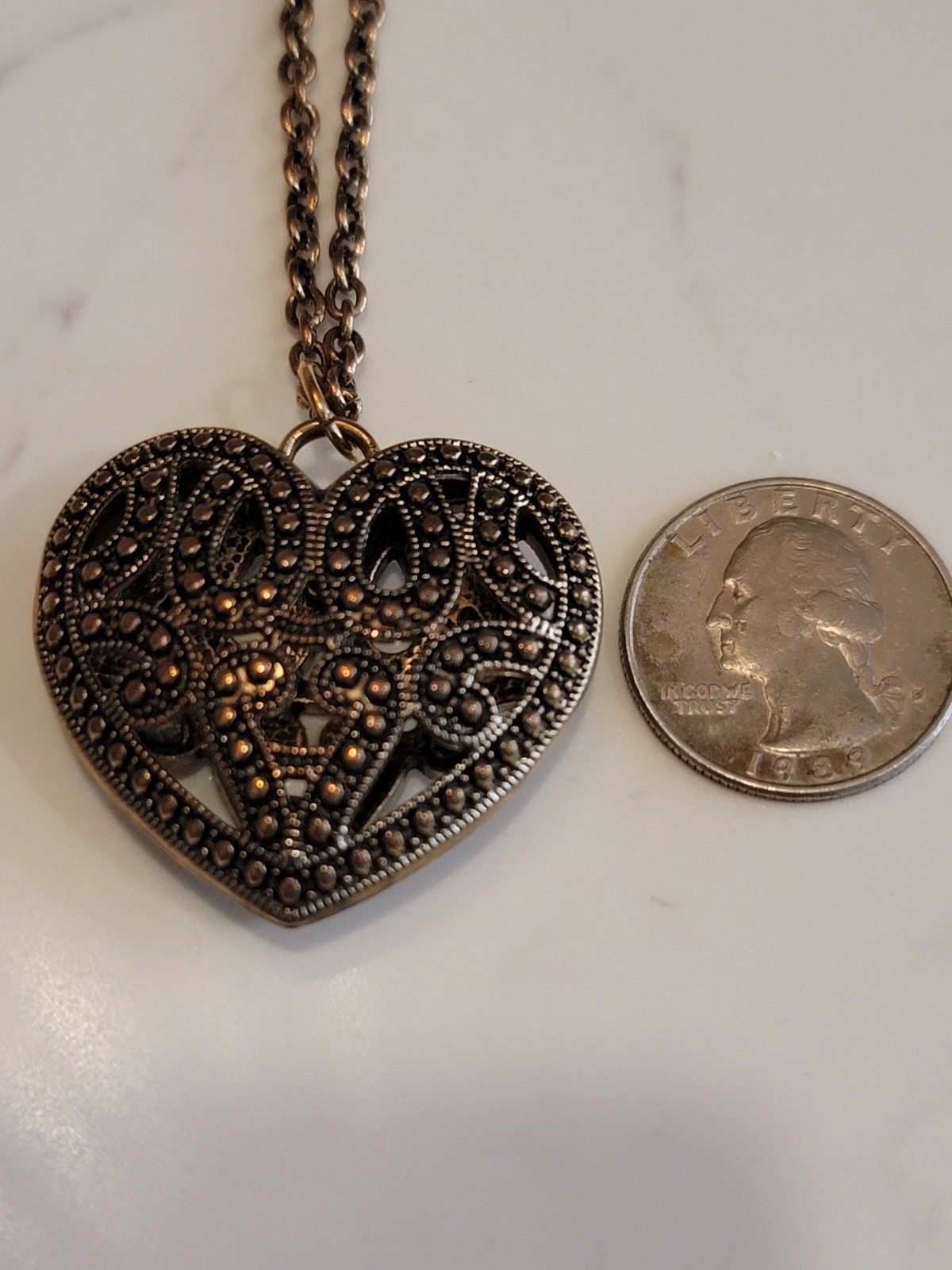 Heart Pendant Necklace Filigree Style Antiqued Bronze Tone Chain 30″