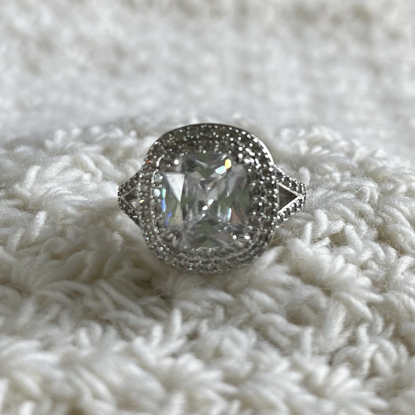 Size 8 Statement Ring Large Cushion Cut Clear Stone Halo Setting