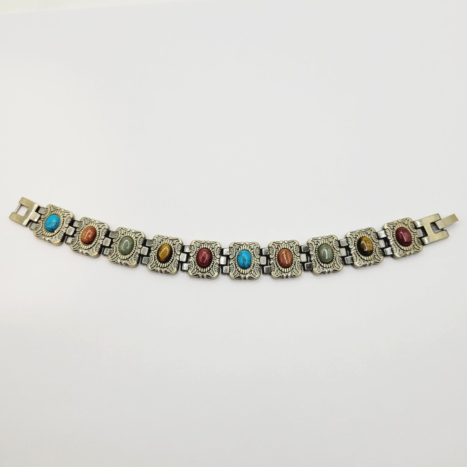 Ornate Western Style Multi Color Faux Gemstone Muted Gold Silver Tone Bracelet