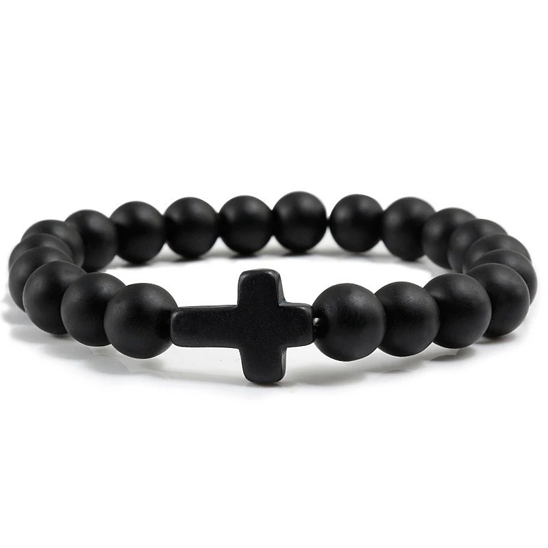 Cross Beaded Bracelet Natural Stone Handmade Men Women Prayer Gift