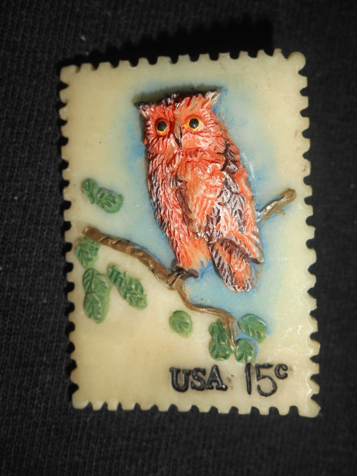 Resin Plastic Owl 15 Cent Postage Stamp Pin Sitting On Tree Limb 1 1/2″ x 1″
