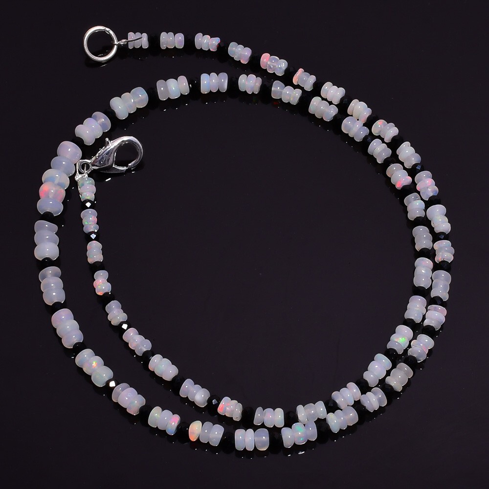 27.6 Ct Natural Fire Ethiopian Opal Black Spinel Smooth Beads Necklace 16″ A1980