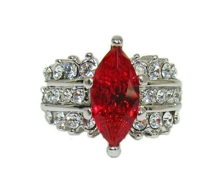 Red Marquise Cubic Zirconia Stone Fashion Ring with Clear CZ Stones on sides NEW