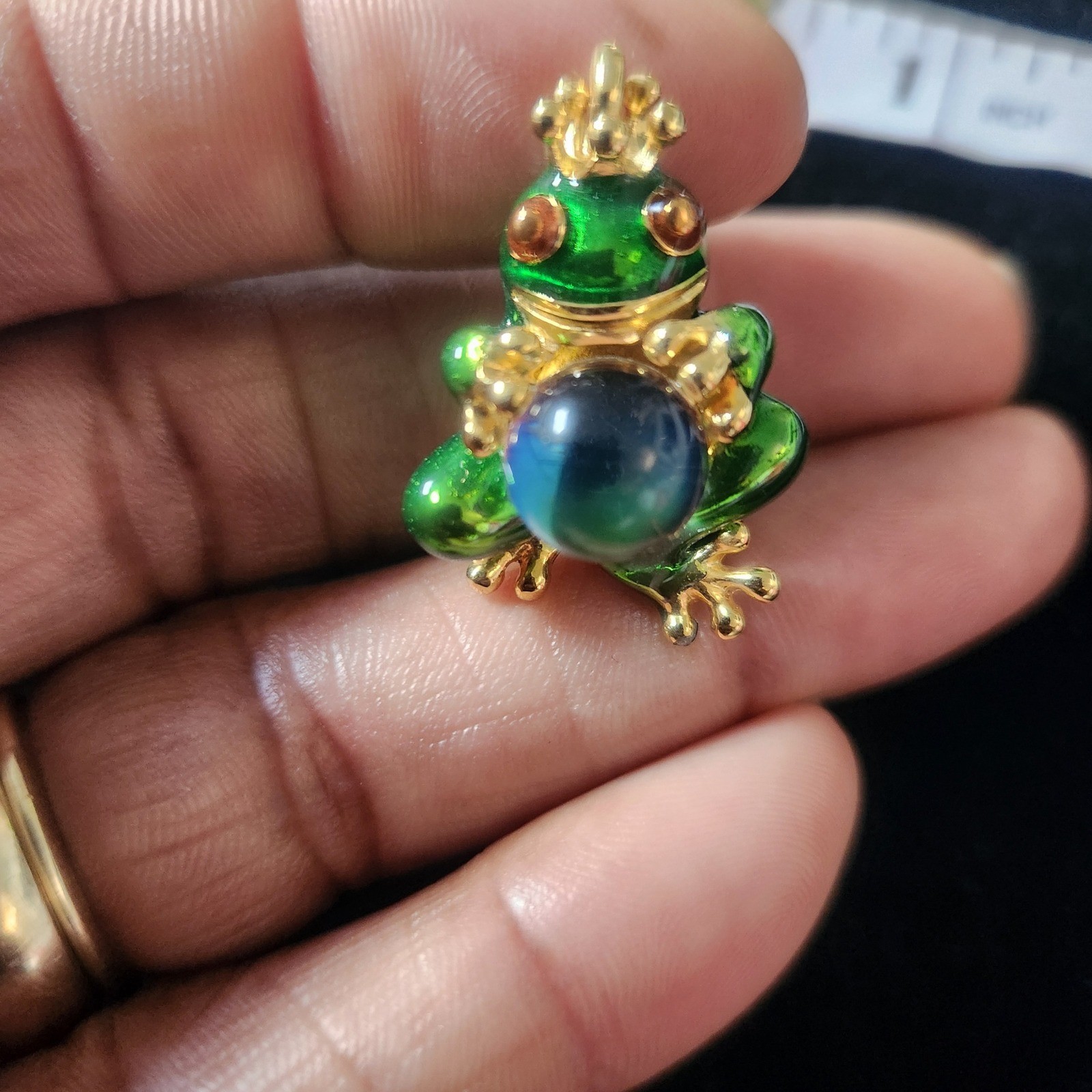 Green Enamel Frog Prince Pendant Gold Tone Iridescent Orb Charm Fairytale
